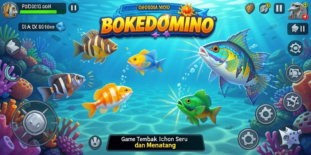 Screenshot gameplay BOKEDOMINO menampilkan aksi menembak ikan yang seru.