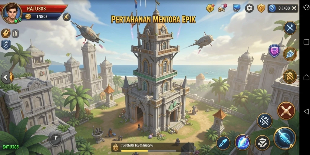 Tangkapan layar permainan <strong>RATU303</strong> menunjukkan pertempuran menara yang intens dan strategis.