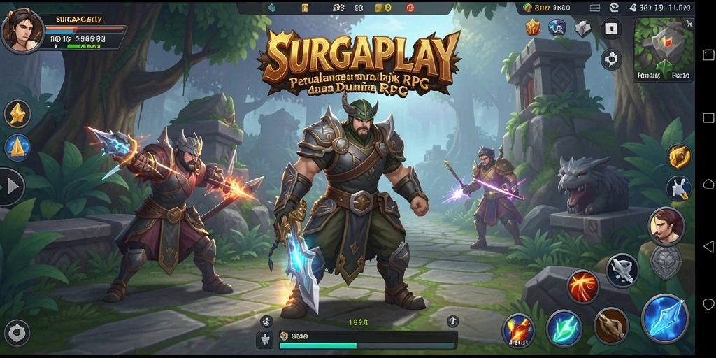 Screenshot menunjukkan pertarungan seru dalam game RPG SURGAPLAY.